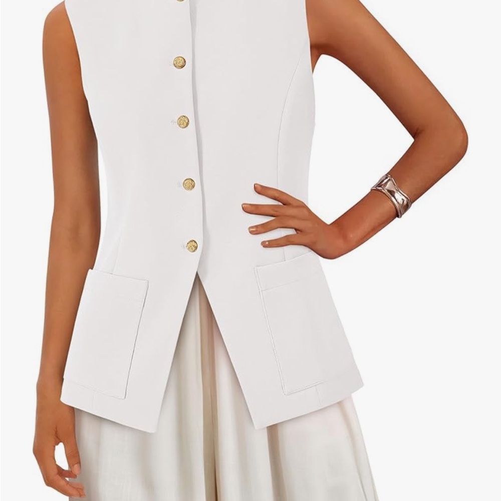 Elegant White Button Down Sleeveless Shirt